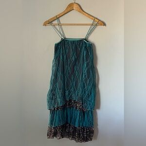 Elegant Teal Lace & Black Floral Printed Two Tiered Midi Dress